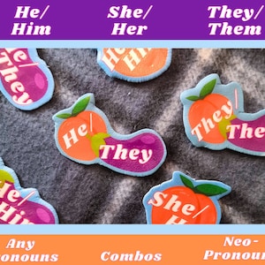 Peach and Eggplant emoji pronoun pin - He/Him, She/Her, They/Them, Custom pronouns pin