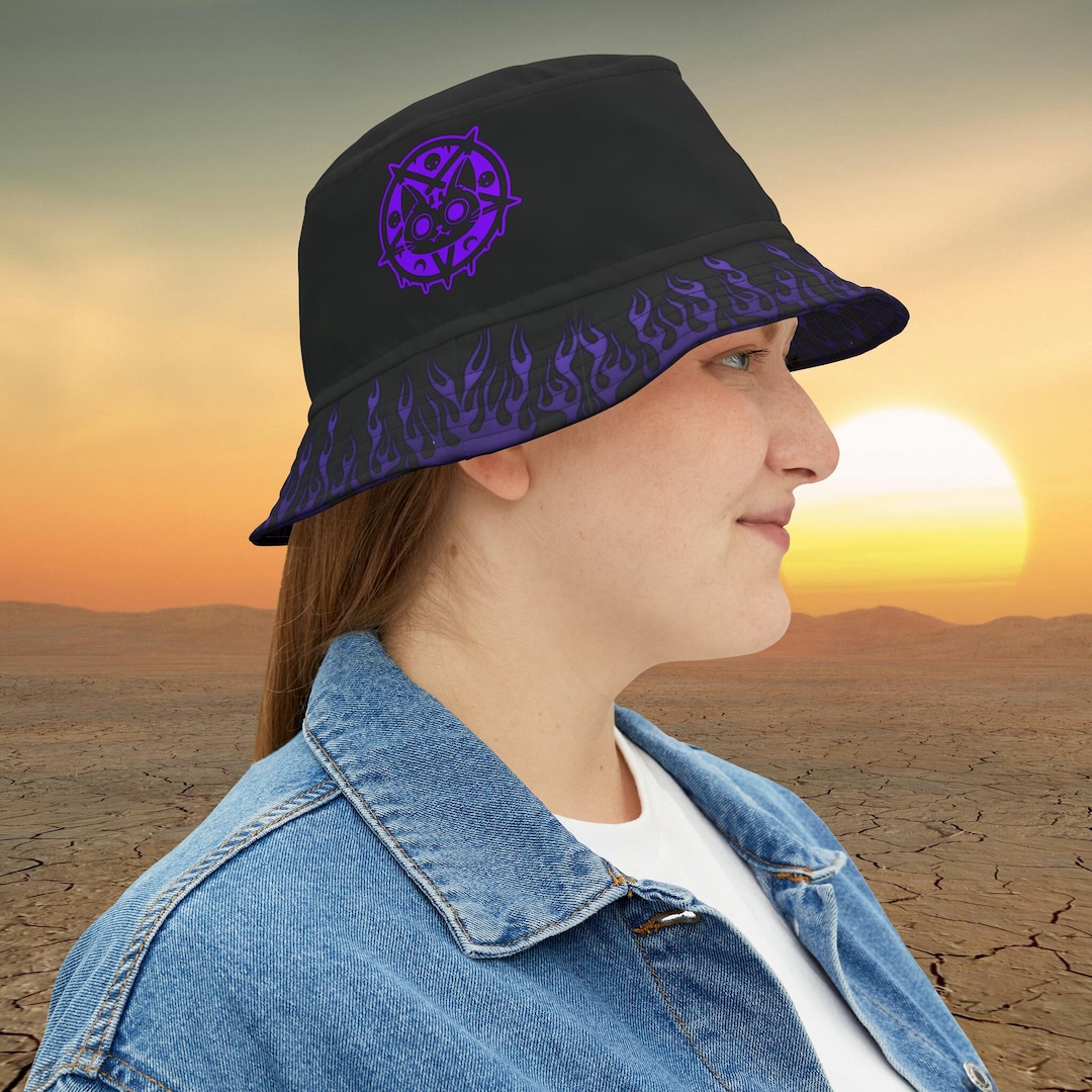 Purple Fire Bucket Hat, Black and Purple Fire Design Bucket Hat, Gift