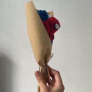 May include: A brown paper bouquet with a red and blue crocheted superhero figure inside.