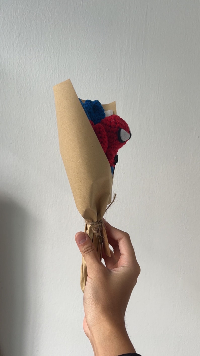 May include: A brown paper bouquet with a red and blue crocheted superhero figure inside.