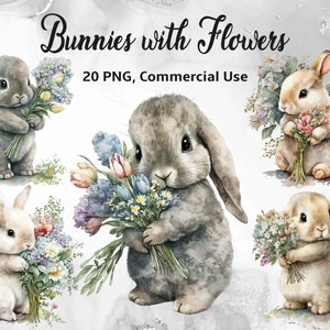 20 Aquarell Hasen mit Blumen Clipart Pack, Clipart für kommerzielle Nutzung, transparente PNGs, Kinderzimmer Frühling Clipart, Osterhase, Wandkunst