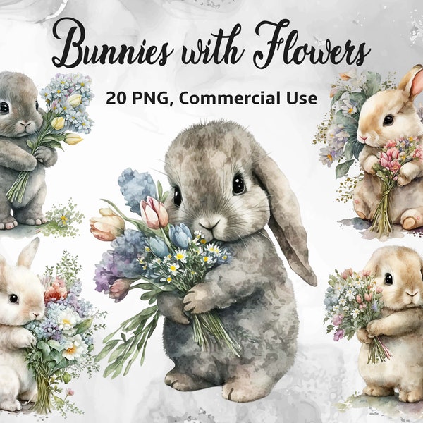 20 Watercolor Bunny with Flowers Clipart Pack, Clipart for commercial use, Transparent PNGs, Nursery Spring Clipart, Easter Bunny, Wall Art