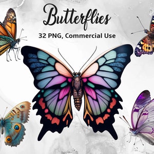 32 Imágenes prediseñadas de mariposas de acuarela, imágenes prediseñadas de mariposas pintadas, ilustraciones de mariposas, gráficos PNG, adornos de álbumes de recortes de uso comercial