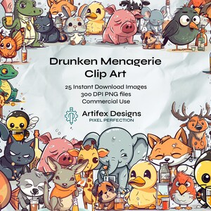 Drunken Menagerie clip art - digital animal illustration png, digital instant download, commercial use, AI generative art