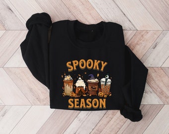 Gruseliges Saison Sweatshirt | Halloween-Party-Shirt | Herbst Kaffee Shirt | Halloween Pullover | Geist Eiskaffee | Süßes Kaffee Sweatshirt