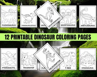 May include: A set of 12 printable dinosaur coloring pages. Each page showcases a different dinosaur, such as Plesiosaurus, Parasaurolophus, Dilophosaurus, Brontosaurus, Ankylosaurus, Pterodactyl, Triceratop, Velociraptor, T-Rex, and Stegosaurus. The text "12 Printable Dinosaur Coloring Pages" is visible.