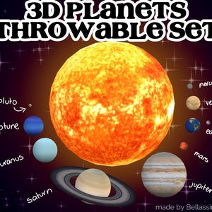 May include: A set of 3D planets, including the sun, Mercury, Venus, Earth, Mars, Jupiter, Saturn, Uranus, Neptune, and Pluto. The planets are orange, gray, yellow, blue, red, brown, beige, light blue, dark blue, and red. The planets are labeled with their names. The set is made by Bellassims.