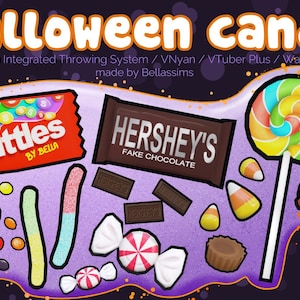 May include: A purple background with various Halloween candy, including Skittles, Hershey's chocolate, lollipops, and gummy candies. The text "halloween candy" is at the top of the image. The text "Twitch Integrated Throwing System / VNyan / VTuber Plus / Warudo made by Bellassims" is below the title.
