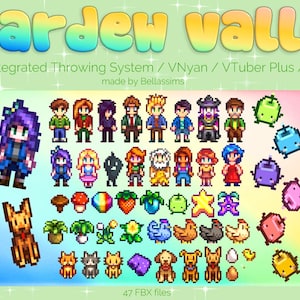 Könnte beinhalten: Eine Sammlung von 47 Pixel-Art-Charakteren und -Objekten aus dem Videospiel Stardew Valley. Zu den Charakteren gehören ein Bauer, ein Zauberer, eine Katze, ein Hund und ein Huhn. Zu den Objekten gehören ein Regenbogen, eine Erdbeere, ein Stern und ein Herz. Der Text "Stardew Valley" befindet sich oben im Bild, und der Text "47 FBX-Dateien" befindet sich unten im Bild.