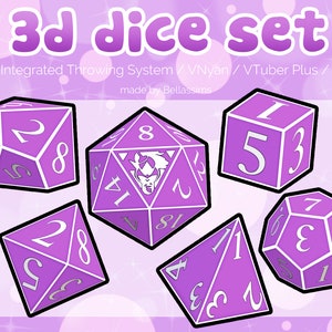 May include: A set of seven purple 3D dice with white numbering and outlines. The image includes a variety of dice shapes, including a cube, a d20, and a d12. The text "3d dice set" is at the top, with additional text below.