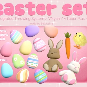 Puede incluir: Un conjunto de modelos 3D con temática de Pascua para usar en entornos virtuales. El conjunto incluye 12 huevos de varios colores, 2 conejos, un pollito esponjoso y una zanahoria. Los modelos están disponibles en los formatos .fbx, .vtpa y .unthrow.