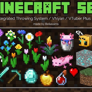 May include: A Minecraft-themed set featuring various pixelated elements. Includes flowers, a bee, axolotls, a diamond block, a sword, a pickaxe, and other game-related items. The text "MINECRAFT SET" is at the top, with additional text below.