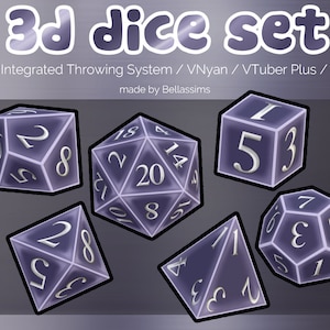 Op de afbeelding: Een set van zes paarse en zilveren dobbelstenen met verschillende nummers op elke zijde. De dobbelstenen zijn ontworpen om eruit te zien alsof ze van glas zijn gemaakt. De dobbelstenen zijn willekeurig gerangschikt op een grijze achtergrond. De tekst "3d dice set" staat bovenaan de afbeelding. De tekst "Twitch Integrated Throwing System / VNyan / VTuber Plus / Warudo" staat onder de dobbelstenen. De tekst "made by Bellassims" staat onderaan de afbeelding.
