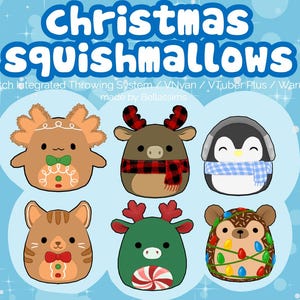 May include: Six Christmas-themed squishmallows, a plush toy line. The squishmallows are a gingerbread man with antlers, a reindeer with a red and black plaid scarf, a penguin with a blue and white scarf, a cat with a red bow tie, a reindeer with a candy cane, and a hedgehog with Christmas lights.