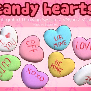 May include: Eight heart-shaped candy conversation hearts with different messages, including "I Love You", "BFF", "XOXO", "UR Mine", "Love", "Be Mine", "Cute", and "Bae".