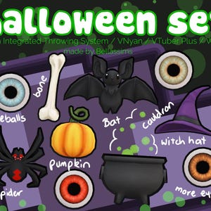 Puede incluir: Un conjunto de superposiciones de Twitch con temática de Halloween que incluyen un murciélago, un caldero, un sombrero de bruja, una calabaza, una araña, un hueso y ojos. El texto "halloween set" está en la parte superior de la imagen. El texto "Twitch Integrated Throwing System/VNyan/VTuber Plus/Warudo" está debajo del título. El texto "made by Bellassims" está debajo de la segunda línea de texto.