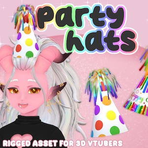 May include: A pink and white party hat with colourful polka dots and a rainbow streamer. The hat is on a pink background with glitter. The text "Party Hats" is written in rainbow letters. The text "Rigged Asset for 3D VTubers" is written in black letters at the bottom of the image.