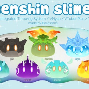 Könnte beinhalten: Eine digitale Illustration mit sieben farbenfrohen Schleimen, die jeweils ein Element darstellen: Geo, Dendro, Kryo, Hydro, Elektro, Anemo und Pyro. Das Bild enthält den Text "genshin slimes" und erwähnt Twitch, VNyian, VTuber Plus und Warudo.