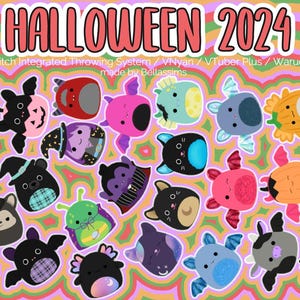 May include: A colorful illustration of Halloween-themed plush toys with various designs, including bats, pumpkins, and ghosts. The text "HALLOWEEN 2024" is at the top of the image. The text "Twitch Integrated Throwing System / VNyan / VTuber Plus / Warudo" is below the title. The text "made by Bellassims" is below the previous text.