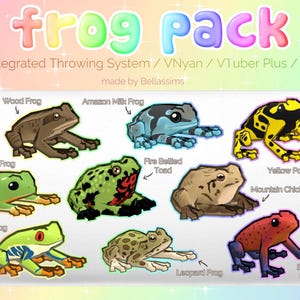 Puede incluir: Un conjunto de 10 ilustraciones de ranas de dibujos animados, cada una con un color y un patrón diferente. Las ranas están etiquetadas con sus nombres, como "Rana de madera", "Rana de leche amazónica" y "Sapo de vientre de fuego".