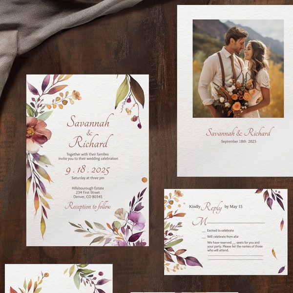 Autumn Aurora - 3 Piece Wedding Invitation Template, Invitation RSVP Details, Rustic Red and Orange Roses, Downloadable Printable Invite