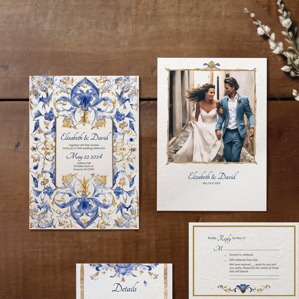 FLIESE TUILE - Vintage 3 Piece Wedding Invitations Template, Antique Blue and Gold Tile, Downloadable Editable Invite Template