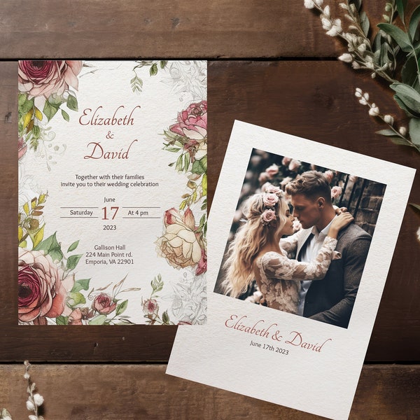RUSTIC ROSES - Vintage 3 Piece Wedding Invitations Template, Antique Pink Rose, Download Editable Invite, Digital Marriage Invitation