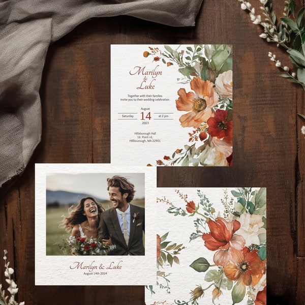 SUMMER BLOOM - 3 Piece Wedding Invitation Template, Invitation RSVP Details, Rustic Red and Orange Roses, Downloadable Printable Invite