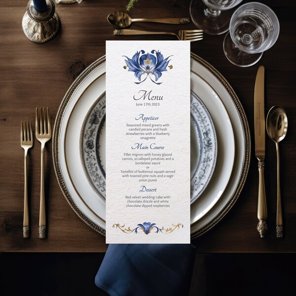 FLIESE TUILE - Dinner & Drinks Menu Vintage Wedding Template, Antique Blue and Gold Ceramic Tile, Downloadable Printable Editable Invite