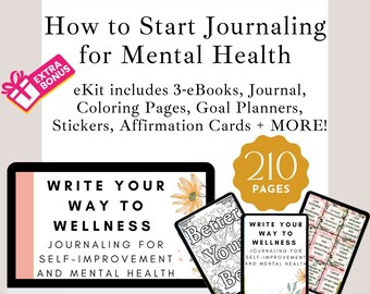 May include: A digital download for a journaling kit to help with mental health and self-improvement. The kit includes 3 ebooks, a journal, coloring pages, goal planners, stickers, affirmation cards, and more. The kit has 210 pages.