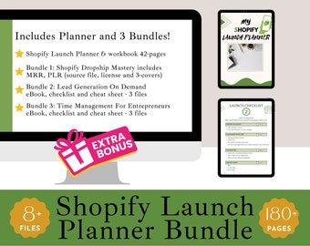 Puede incluir: Un paquete de productos digitales para propietarios de tiendas Shopify. El paquete incluye un planificador de lanzamiento, una lista de verificación y tres libros electrónicos. La imagen muestra una pantalla de computadora con el texto "Includes Planner and 3 Bundles!" y una lista de verificación con el texto "Launch Checklist". El texto "Shopify Launch Planner Bundle" se muestra en letras grandes y negritas. El paquete incluye más de 180 páginas y 8+ archivos.