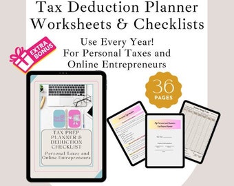 May include: A digital download of 36 pages of tax prep planner and deduction checklists for personal taxes and online entrepreneurs. The cover features a laptop, a pink and white notebook, and a pen. The text "Tax Prep Planner & Deduction Checklist" is in pink and white.