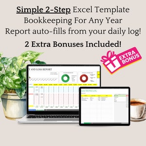 Excel Simple 2-Step Bookeeping Transactions Log, Profit Loss Report, Add Daily Income and Expenses, Use Any Year Plus Bonuses