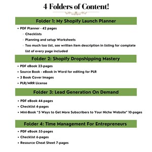 May include: A green and white graphic with the text "4 Folders of Content!" and lists the contents of four folders: "My Shopify Launch Planner", "Shopify Dropshipping Mastery", "Lead Generation On Demand", and "Time Management For Entrepreneurs".