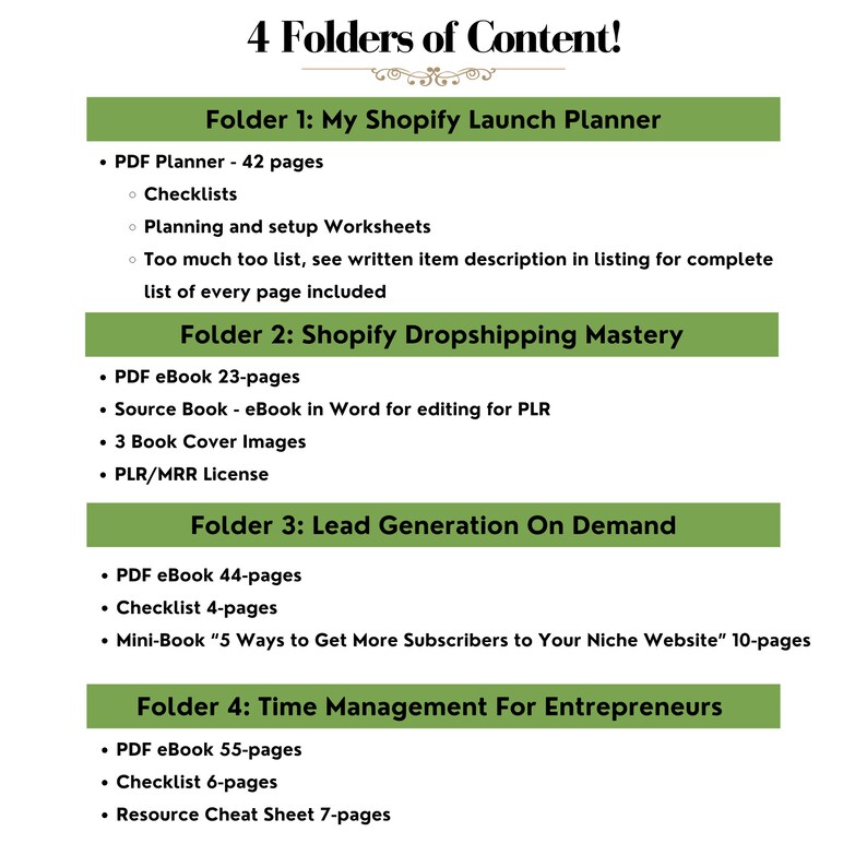 May include: A green and white graphic with the text "4 Folders of Content!" and lists the contents of four folders: "My Shopify Launch Planner", "Shopify Dropshipping Mastery", "Lead Generation On Demand", and "Time Management For Entrepreneurs".