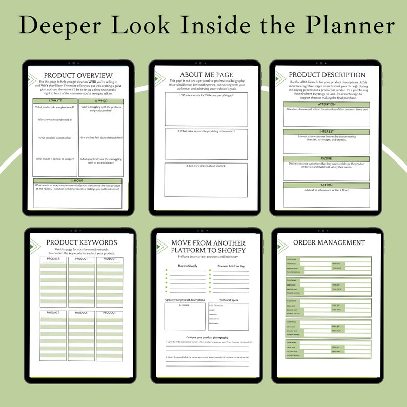 May include: A green and white planner with the title "Deeper Look Inside the Planner" and sections for product overview, about me page, product description, product keywords, move from another platform to Shopify, and order management.
