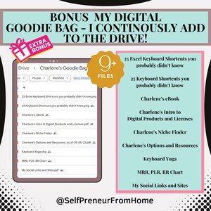 May include: A digital goodie bag with 9+ files, including 25 Excel keyboard shortcuts, 25 keyboard shortcuts, an ebook, an intro to digital products and licenses, a niche finder, options and resources, keyboard yoga, an MRR, PLR, RR chart, and social links and sites. The image includes the text "Bonus My Digital Goodie Bag - I Continuously Add To The Drive!" and "@SelfPreneurFromHome".