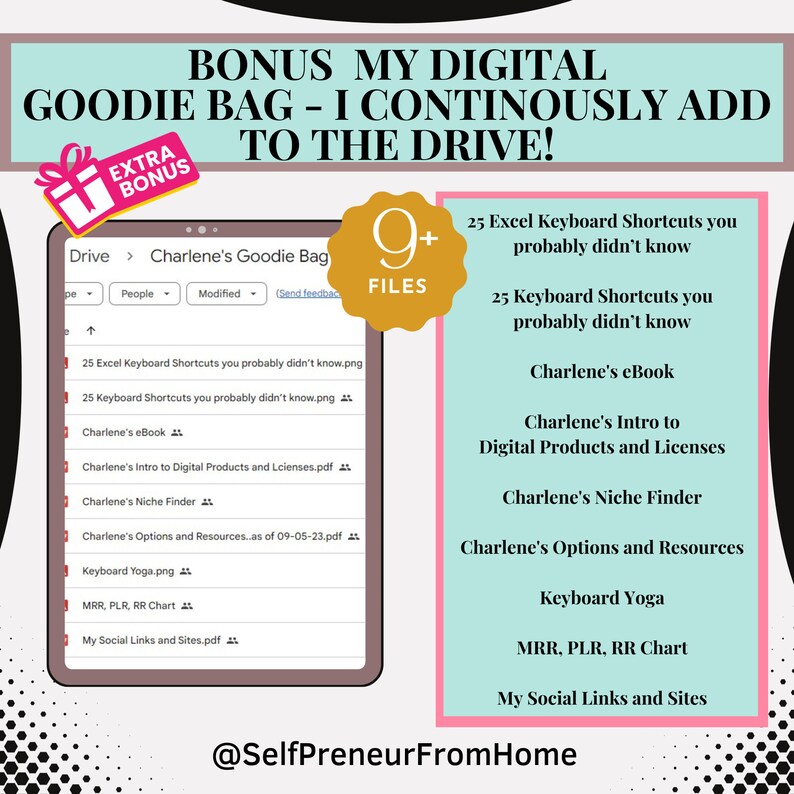 May include: A digital goodie bag with 9+ files, including 25 Excel keyboard shortcuts, 25 keyboard shortcuts, an ebook, an intro to digital products and licenses, a niche finder, options and resources, keyboard yoga, an MRR, PLR, RR chart, and social links and sites. The image includes the text "Bonus My Digital Goodie Bag - I Continuously Add To The Drive!" and "@SelfPreneurFromHome".