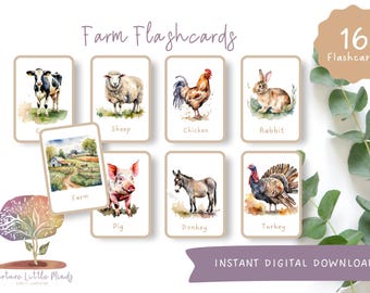May include: A set of 16 watercolor farm animal flashcards. The cards feature illustrations of a cow, sheep, chicken, rabbit, pig, donkey, turkey, and a farm scene. The cards are perfect for teaching young children about farm animals.