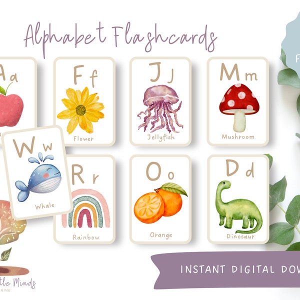 Printable Watercolour Alphabet Flashcards, Classroom Decor, Toddlers, Preschool, Early Learning Resource, Nursery Decor, DIGITAL DOWNLOAD