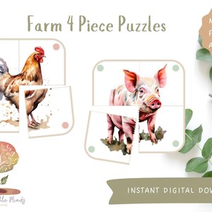 Puzzles imprimables de 4 pièces de ferme aquarelle, salle de classe, tout-petits, préscolaire, ressource d'apprentissage précoce, Montessori, TÉLÉCHARGEMENT NUMÉRIQUE