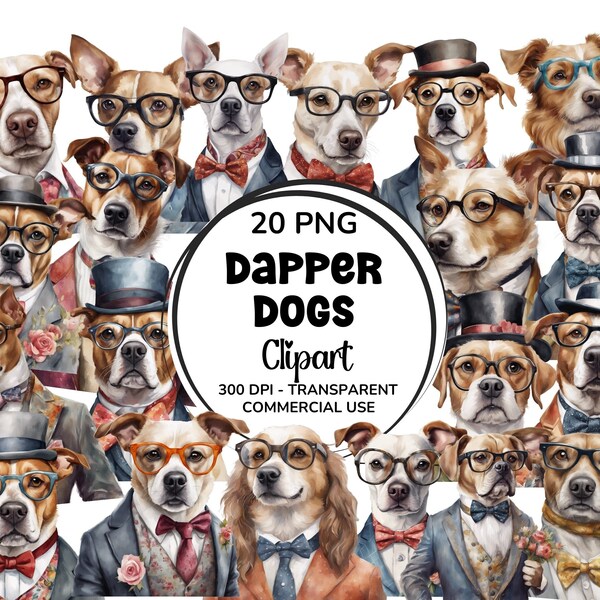 20 Dapper Dog Clipart Bundle, Watercolour Dapper Dogs, Stylish Dog Clipart, Dapper Dog Graphic Bundle, Watercolour Clipart, Human Animal PNG