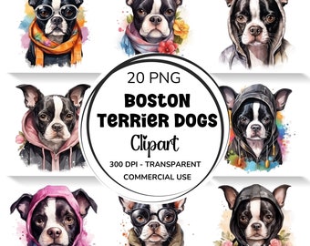 20 Watercolour Boston Terrier Dog Clipart Bundle, Dogs Clipart, Boston Terrier PNG 300 DPI, Scrapbooks, Digital Planner, Wall Art, Clip Art