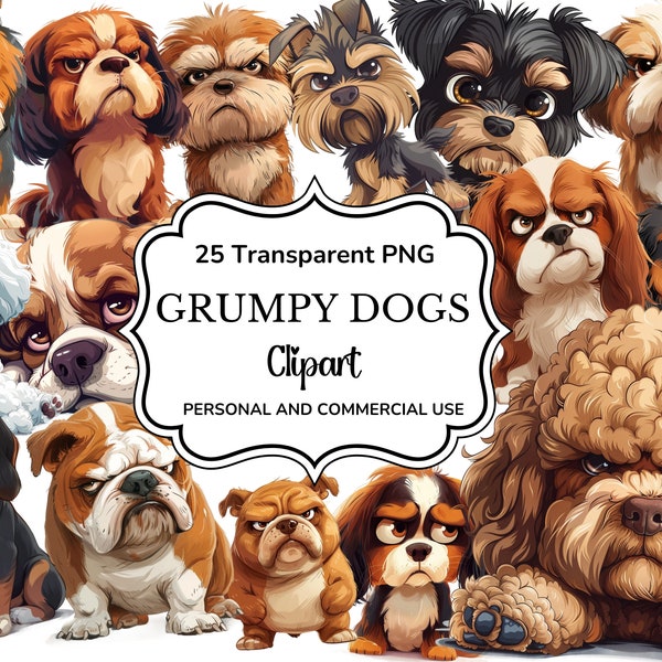 Clipart PNG de dessin animé chiens grincheux - clipart chiens - clipart chiens grincheux - dessin animé chiens fond transparent - usage commercial, clipart chien