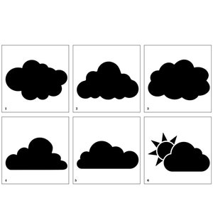 May include: Six black and white illustrations of clouds, with one illustration showing a sun peeking out from behind a cloud.
