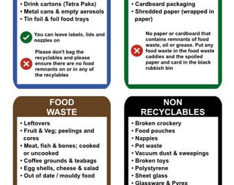 New UK Recycling Guidelines Glossy Vinyl Bin Stickers Set of 4 - Multiple sizes