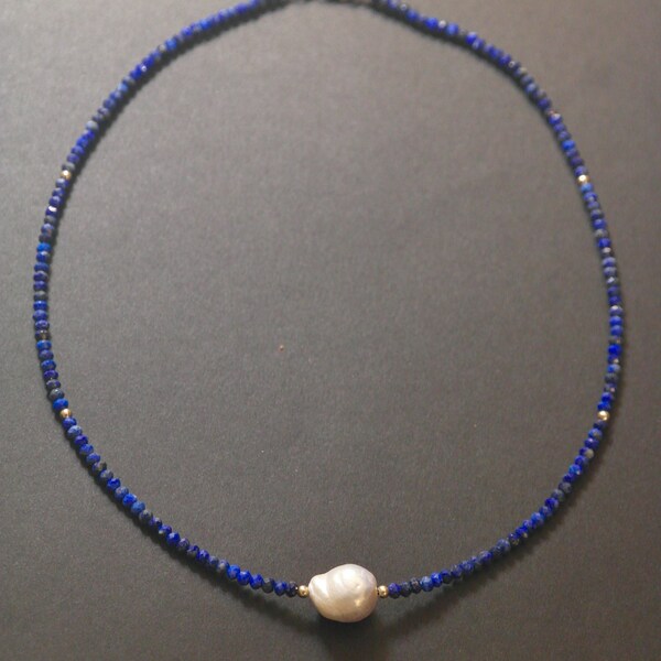 Super sparkly lapis lazuli necklace with irregular baroque pearl 14k gold filled or 925 sterling silver