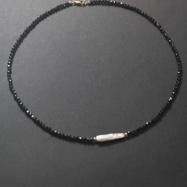 Super sparkly black spinel necklace with irregular pearl