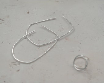 925 sterling silver rectangular hoop earrings with hammered texture Medium-large minimalist