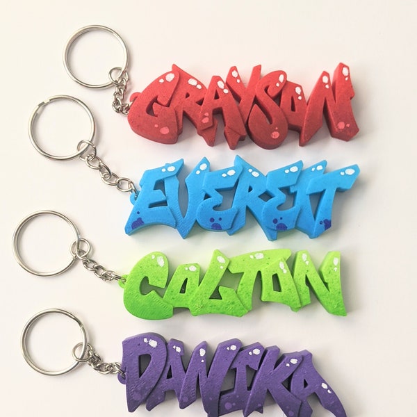 Porte-clés imprimés en 3D style graffiti | Porte-clés avec nom personnalisé | Prénom personnalisé | Porte-clés personnalisé imprimé en 3D
